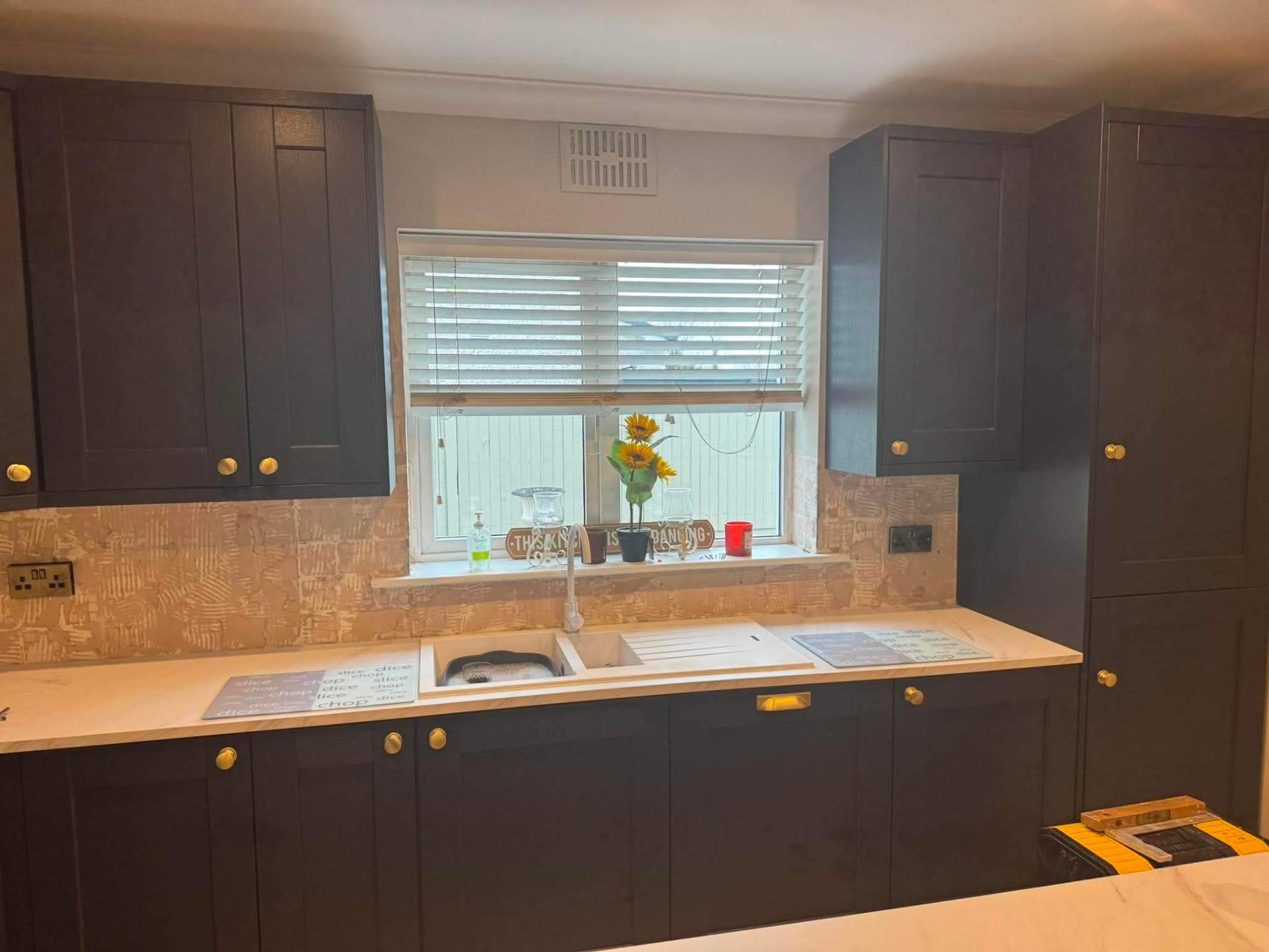 Navy shaker — before, sink/window side