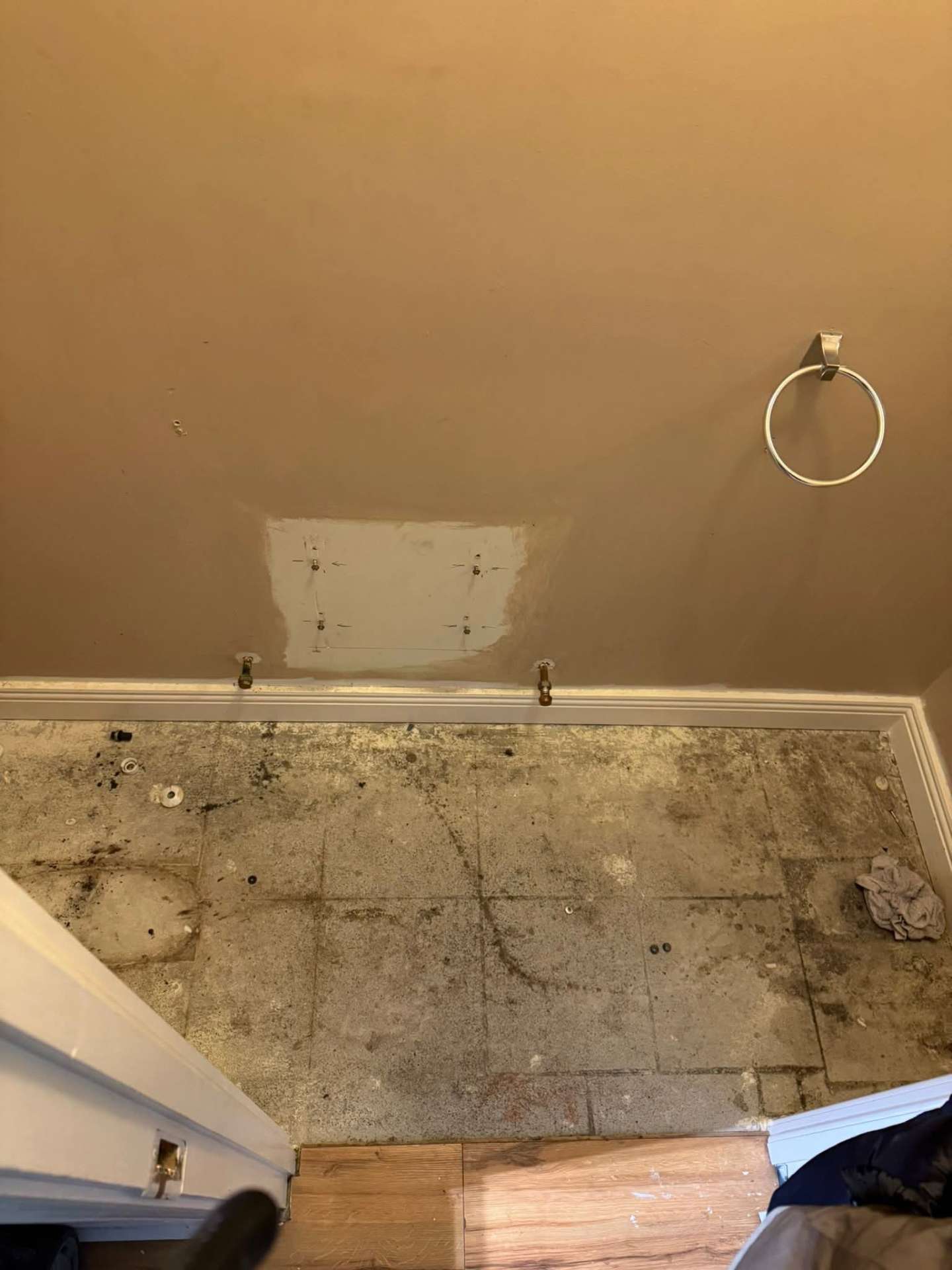 Family bathroom stripped to plywood walls and bare floor before works